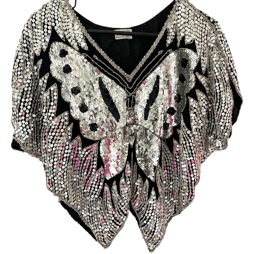 Vintage Sequin Butterfly Disco Top 100% Silk Size Small - Picture 3 of 12